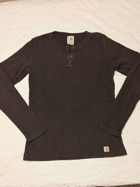 Carhartt Women's Brown Ribbed Henley Long Sleeve Shirt 100% Cotton - Medium